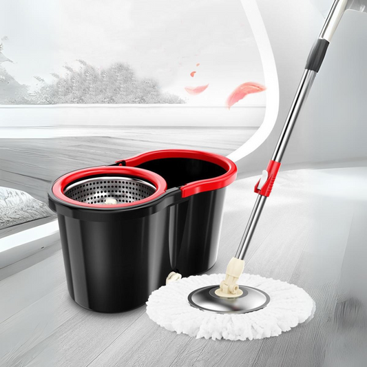Set Mop cu Galeata, Sistem de Stoarecere Usor, Capat Microfibra, Super Absorbant, Dop de Scurgere, Capacitate 8L, Negru/Rosu
