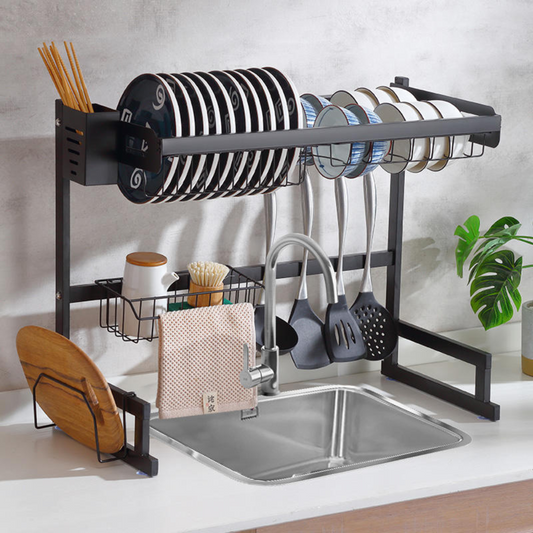Scurgator de Vase, Pozitionare Deasupra Chiuvetei, Suport Tacamuri, Cos Accesorii, Anticoroziv, Metal, 52x85x32.5cm, Negru