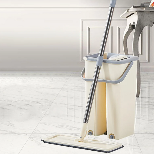 Mop Plat cu Galeata, Capacitate 6L, 2 Rezerve Microfibra, 2 Cuve Separate, Multisuprafete, Absorbant, cu Stoarecere, Bej